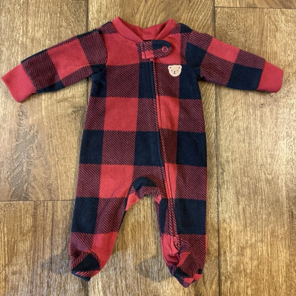 Carters Preemie Baby Boy Sleeper Red Black Plaid Fleece Outfit Bear Zipper